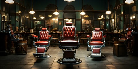 Oldfashioned barber shop featuring classic chairs and nostalgic retro decor elements. Concept Barber Shop, Classic Chairs, Nostalgic Decor, Retro Style, Vintage Atmosphere