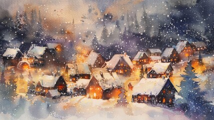 This watercolor portrays a cozy snow-covered village at twilight, with warm lights spilling from homes and gentle snowflakes descending from the sky.