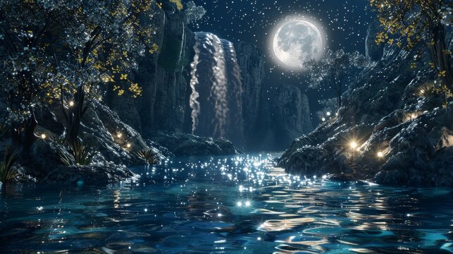 A serene night scene captures a luminous waterfall cascading into a pool within a mystical forest, all under the soft light of a full moon.