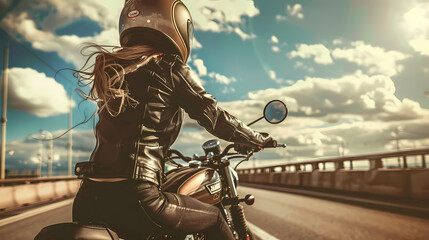 Female Motorcyclist Riding on Sunny Highway - obrazy, fototapety, plakaty
