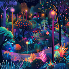 A vibrant illustration of a city park at night, where trees and plants glow with neon colors, creating a fantastical landscape