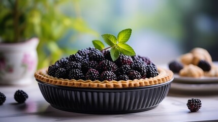 Fresh blackberry pie with flaky pastry and juicy berries on white kitchen background with copy space