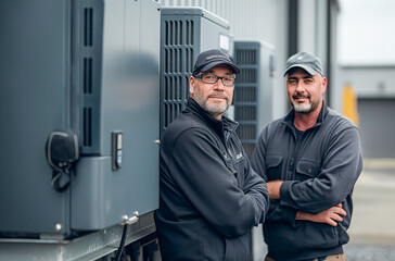 Confident HVAC Professionals Standing by Commercial Air Handling Unit
