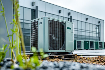 Commercial Air Conditioner Unit on Building Roof with Green Foliage

