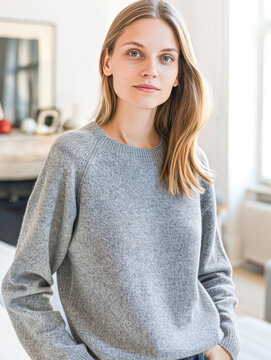 Young woman in a cozy grey sweater and black pants, posing casually in a well-lit modern room.