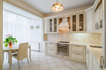 interior kitchen and dining room, refectory area, cooking equipment, table furniture, stove