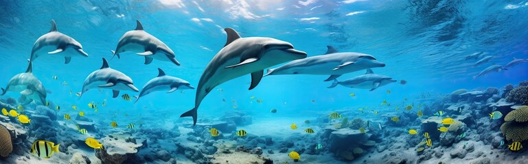 Panoramic dolphins swimming underwater life
