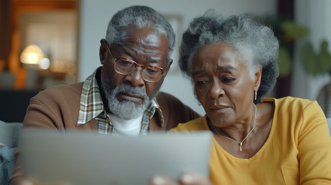 Concerned senior couple reviewing documents on a tablet, Concept of technology use among elderly, financial planning, and staying informed