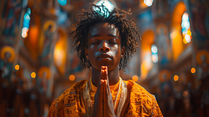 Hip Hop Style Boy Praying in Church - obrazy, fototapety, plakaty