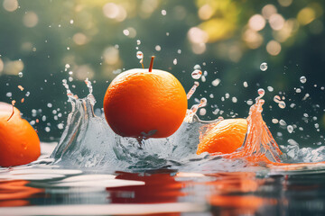 Orangen die in Wasser fallen Nahaufnahme Hintergrund