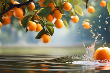 Orangen die in Wasser fallen Nahaufnahme Hintergrund