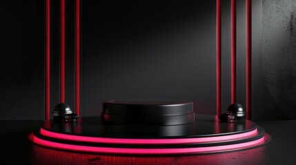 Shiny Modern Stage Background with Black Platform, Red Lights, and Red Stripes