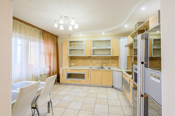 interior kitchen and dining room, refectory area, cooking equipment, table furniture, stove