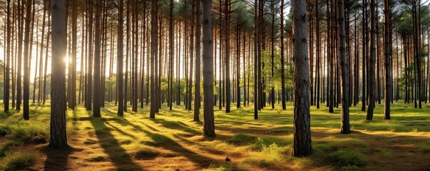 Panoramic pine forest with sun flare