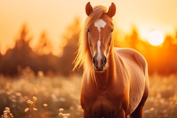 Majestic horse in golden wheat field at sunset, beautifully illuminated by the setting sun
