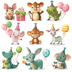 Set of cute adorable animals celebrating birthday set
