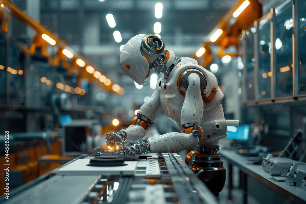 Poster robot arm engaged in precision work automation of industrial at factory, modern engineering and robo