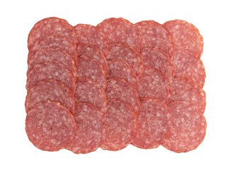 pieces of sliced salami sausage laid out to create layout, salami sausage slices isolated