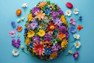 Colorful flowers surround each other in the shape of an Easter egg.