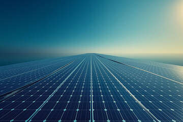 A breathtaking view of a seemingly endless solar panel field, converging with the clear blue sky on the horizon, symbolizing boundless clean energy