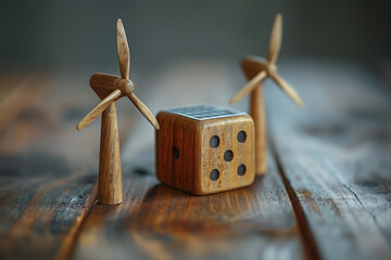 A creative close-up of wooden wind turbines and a solar-paneled dice on a rustic table, symbolizing eco-friendly energy in a handcrafted, playful form - obrazy, fototapety, plakaty