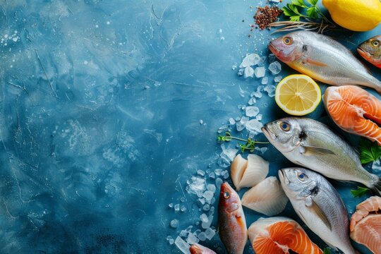 Group of Fish and Lemons on Ice