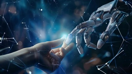 White cyborg finger about to touch human finger, The Creation of Adam. Science and artificial intelligence technology, innovation and futuristic