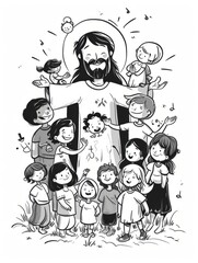 Happy and Cute Jesus Christ Surrounded by Children in Kids' Illustration Style