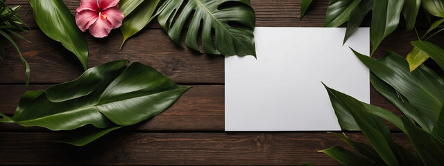 A white sheet of paper on a wooden surface surrounded by tropical leaves. Layout for a postcard.