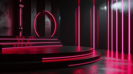 Shiny Modern Stage Background with Black Platform, Red Lights, and Red Stripes