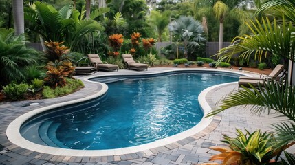 Fototapeta na wymiar Elegant Backyard Pool with Curved Design and Tropical Plants, Concept of Home Luxury, Relaxation, and Stylish Outdoor Living