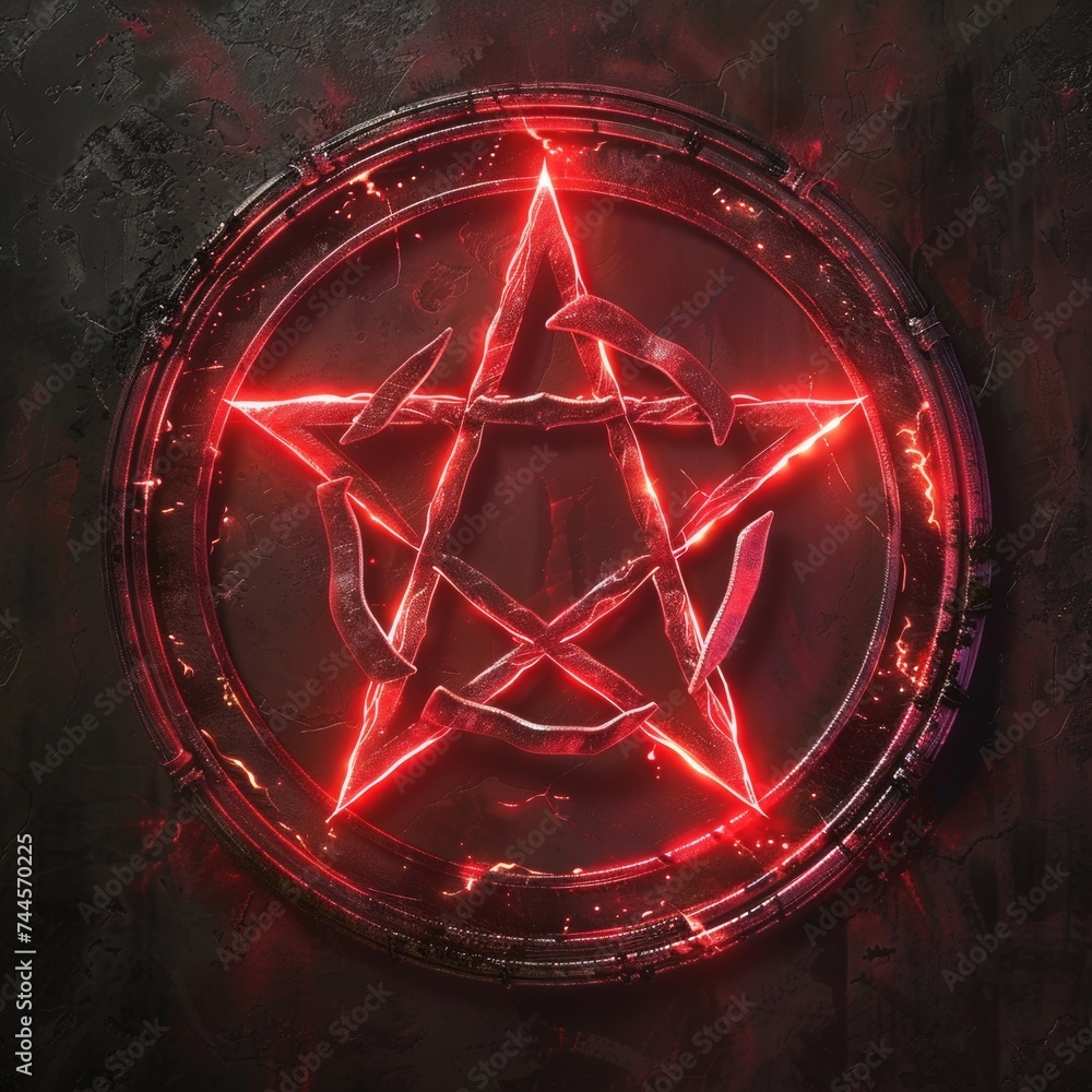 Wall mural glowing red pentagram on dark background, generative ai