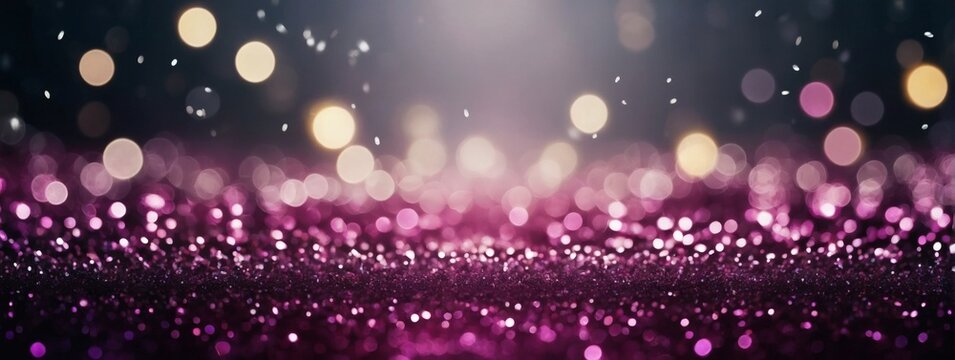 a background of abstract glitter lights in silver and deep magenta. Keep the de-focused effect and present it as a banner.