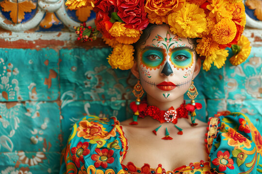 Photo a powerful portait of a Mexican woman, dressed with colorful clothes for Day of the Dead. Dia de los Muertos festival. AI Generative