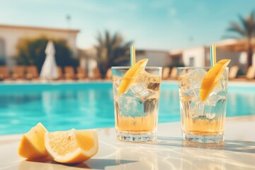 poolside bliss. summertime refreshment with cocktails and accessories at a luxury resort