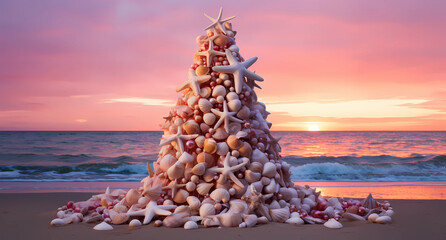 christmas tree made of shells on the beach sunset