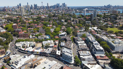 Aerial drone view above the harbourside suburb of Double Bay in east Sydney, NSW Australia looking...