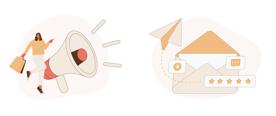 Promotion and Email Marketing Strategy. Web Landing Page Design. Flat Cartoon Vector Illustration.