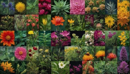 A collage of various plant species in full bloom, representing the rich diversity of nature.
