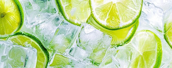 Bubbly water ice cubes with lime slices