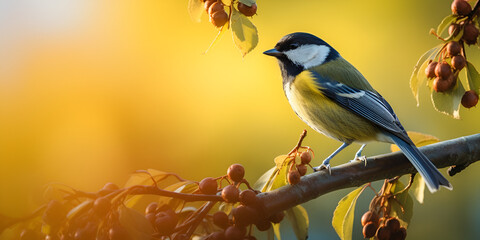 yellow wagtail on a twig, Yellow Cheeked Tit, Bird in the spring, pink yellow backgrounds, Urban Great Tits less stressed than those in woodland, Generative AI - obrazy, fototapety, plakaty