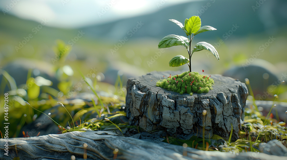 Wall mural renewal: young tree emerging from old tree stump