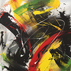 Abstract art canvas showcasing dynamic strokes in black, red, yellow, and green, creating a visually striking composition