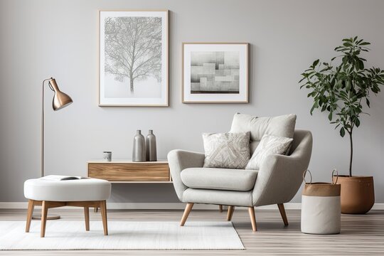 Modern living room interior with armchair, coffee table and posters.