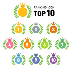 王冠・クラウンのランキングアイコンセット／ベクター素材／月桂冠・メダル／1位から10位まで