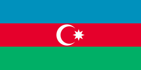 Close-up of blue, red, green and white national flag of Asian country of Azerbaijan with yellow crescent moon and white star. Illustration made February 24th, 2024, Zurich, Switzerland.