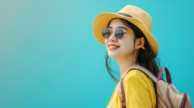 Happy young woman wearing hat and sunglasses  with travel bagpack over blue background. AI Generative