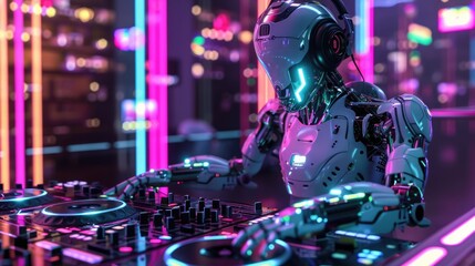 Fototapeta premium Futuristic Robot DJ Performing at a Neon-Lit Club with Excited Crowd in the Background