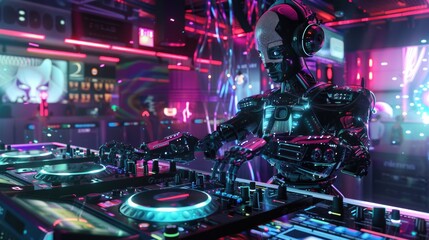 Futuristic Robot DJ Performing at a Neon-Lit Club with Excited Crowd in the Background