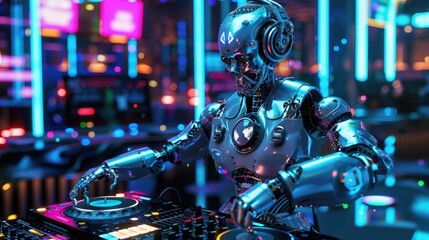 Futuristic Robot DJ Performing at a Neon-Lit Club with Excited Crowd in the Background